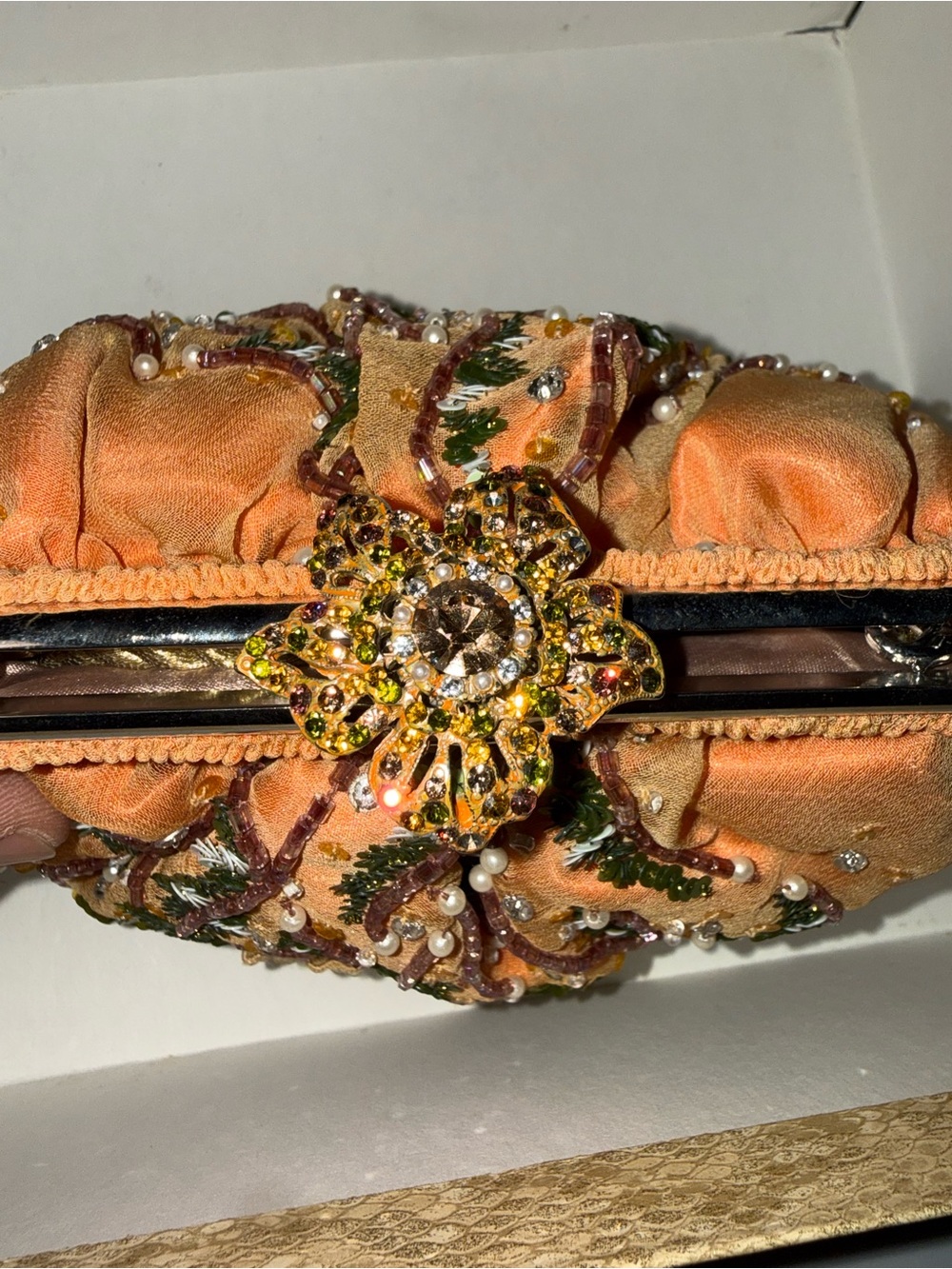Embellished Peach Evening Clutch with Crystal Floral Clasp Larisa Barrera